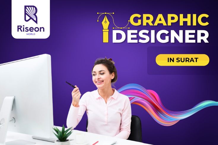 graphic designer in surat6workspace with digital tools, sketches, and design elements